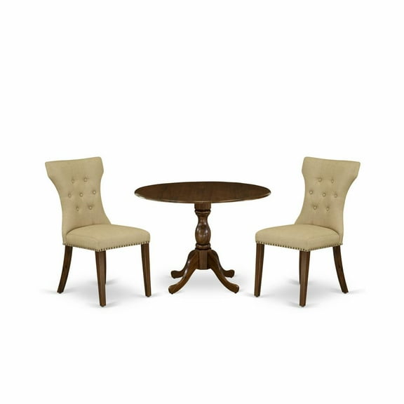 East West Furniture DMGA3-AWA-03 3 Piece Modern Dining Table Set Contains 1 Drop Leaves Dining Table and 2 Brown Linen Fabric Kitchen Chair Button Tufted Back with Nail Heads - Acacia Walnut Finish