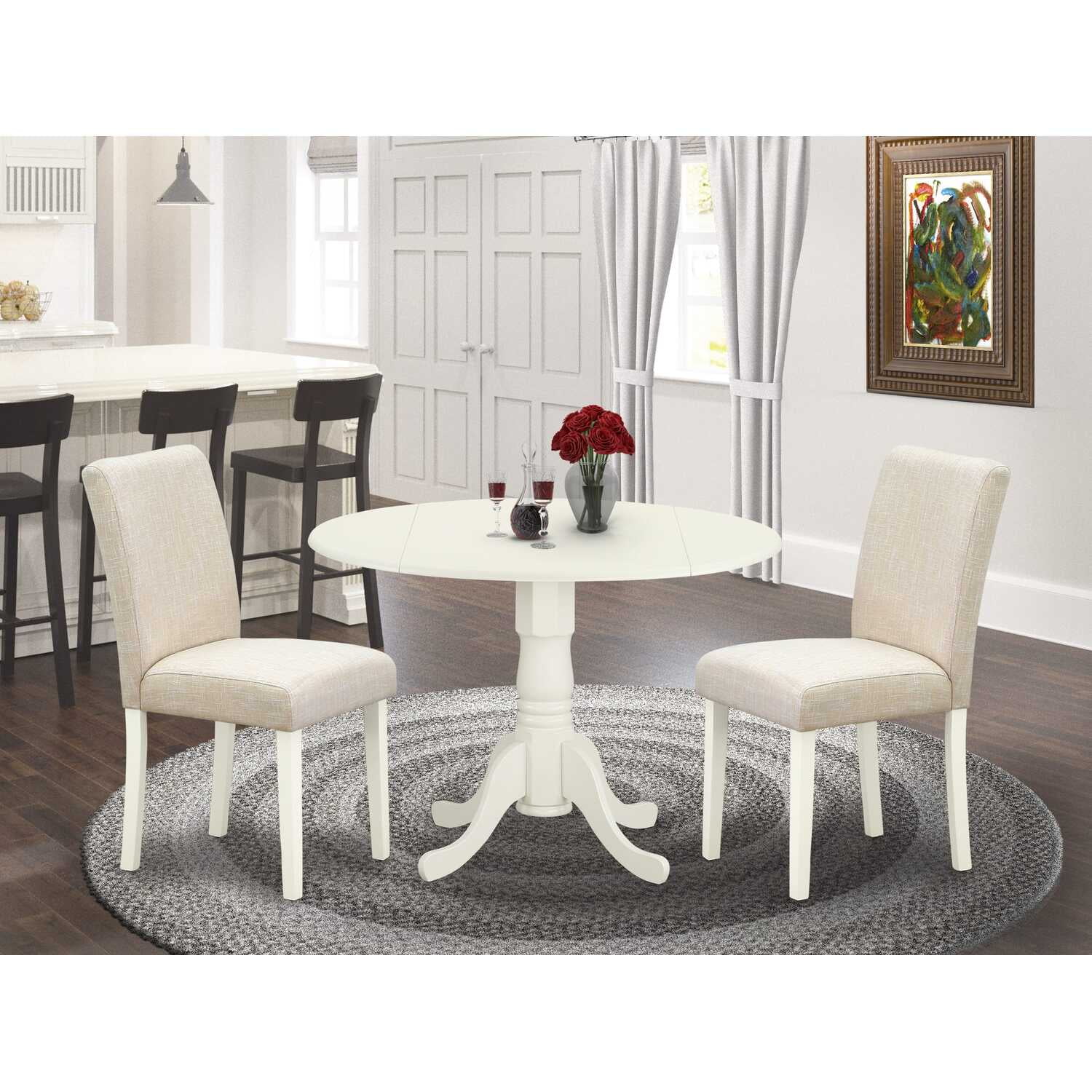 Linen White Round Rubberwood Dining Set with Light Beige Chairs