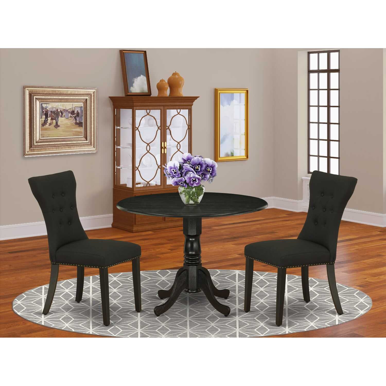 East West Furniture 3-Piece Dining Set - Round Drop-Leaf Table & 2 Parson Chairs, Rubber Wood, Linen White Finish