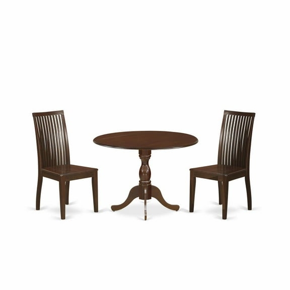 East West Furniture DMIP3-MAH-W 3 Piece Dropleaf Dining Table Set - Mahogany Wood Table and 2 Mahogany Kitchen Table Chairs with Slatted Back - Mahogany Finish