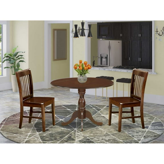 East West Furniture DMNF3-MAH-W 3 Pc Kitchen Dining Table Set - Mahogany Dropleaf Dining Table and 2 Mahogany Kitchen Chairs with Slatted Back - Mahogany Finish