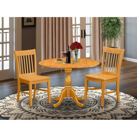East West Furniture DMNF3-OAK-W 3 Piece Kitchen Dining Table Set - Oak Wood Dining Room Table and 2 Oak Modern Kitchen Chairs with Slatted Back - Oak Finish
