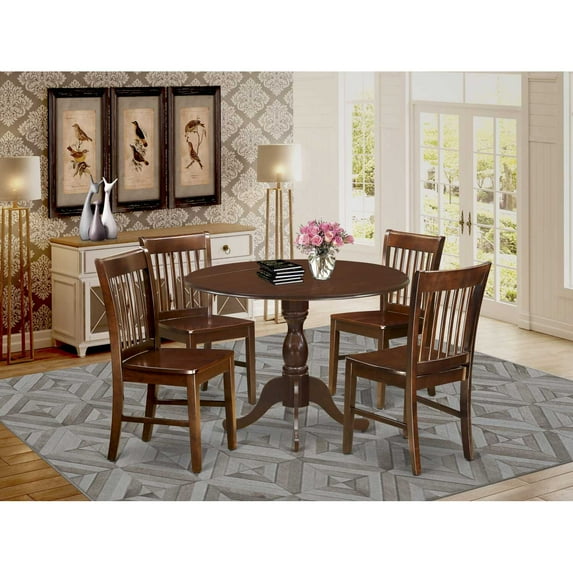East West Furniture DMNF5-MAH-W 5 Pc Dining Room Table Set - Mahogany Dropleaf Dining Table and 4 Mahogany Dining Chairs with Slatted Back - Mahogany Finish