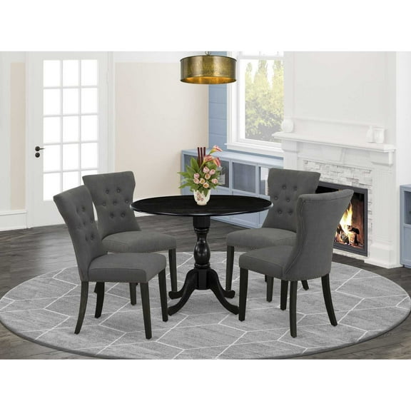 East West Furniture DMGA5-ABK-50 5 Pc Dining Set Includes 1 Drop Leaves Table and 4 Dark Gotham Grey Linen Fabric Dining Chair Button Tufted Back with Nail Heads - Wire Brushed Black Finish