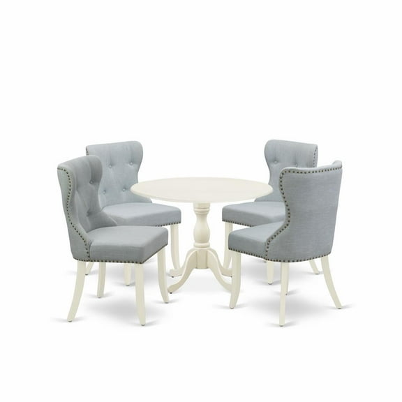 East West Furniture DMSI5-LWH-15 5 Piece Dining Set Consists of 1 Drop Leaves Dining Table and 4 Baby Blue Linen Fabric Parson Dining Chairs Button Tufted Back with Nail Heads - Linen White Finish