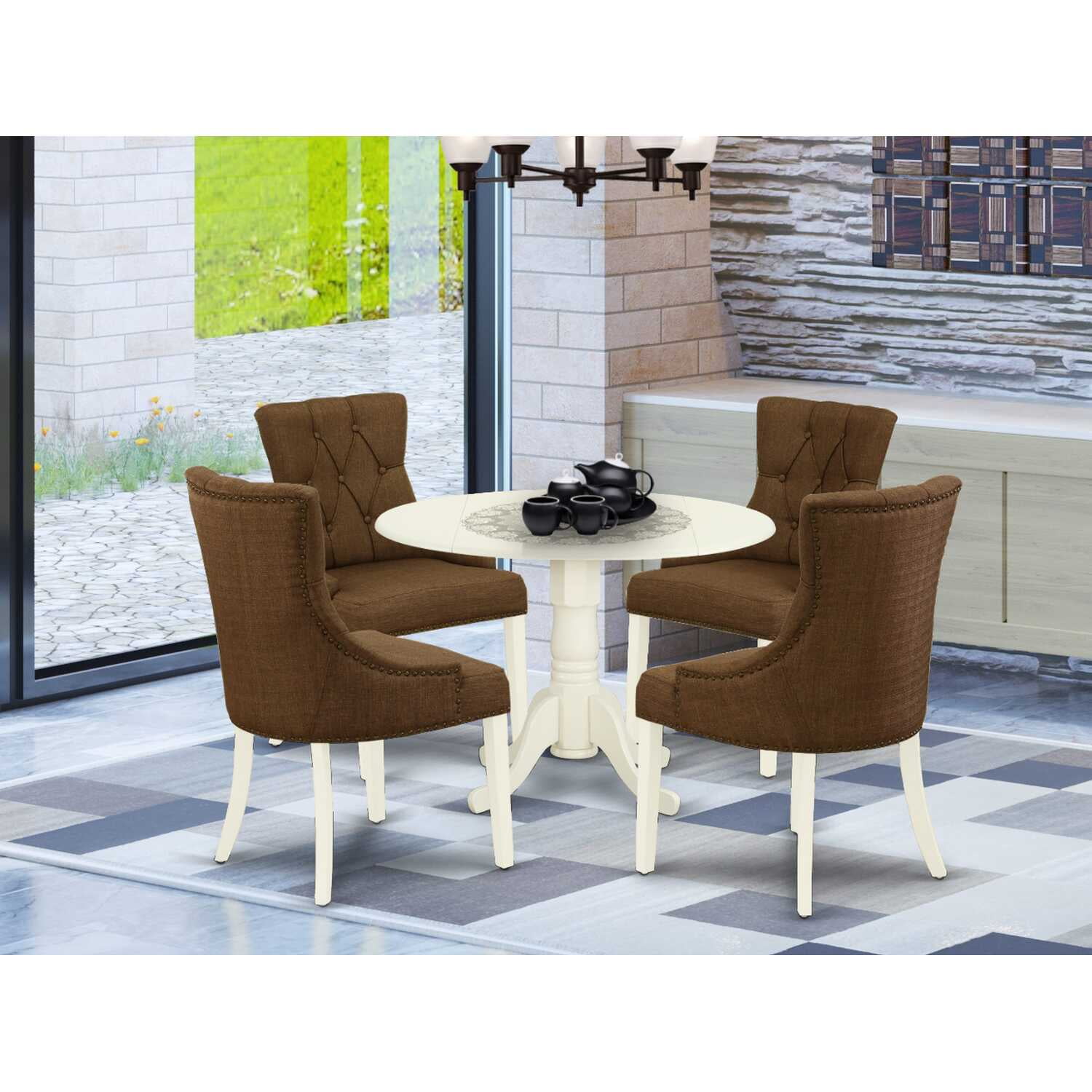Linen White Round Dining Table with Dark Coffee Upholstered Chairs