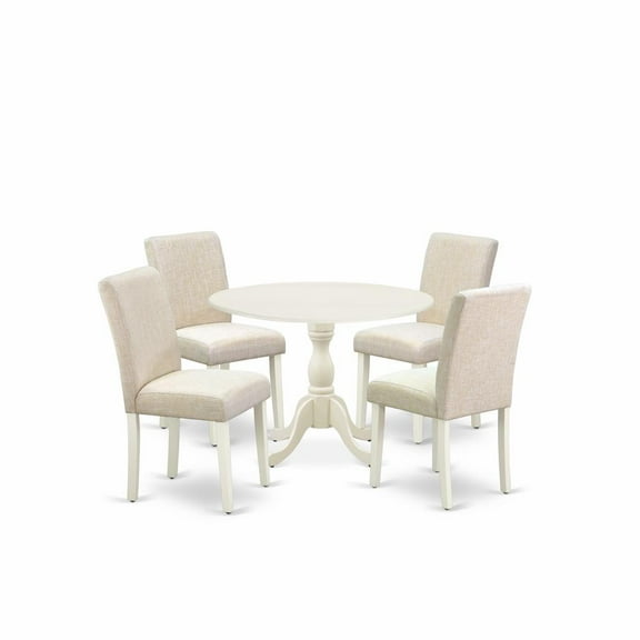 East West Furniture DMAB5-LWH-02 5 Piece Modern Dining Table Set Contains 1 Drop Leaves Dining Table and 4 Light Beige Linen Fabric Dining Room Chairs with High Back - Linen White Finish