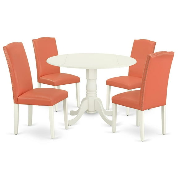 East West Furniture Dublin 5-piece Wood Dining Set in Linen White/Pink Flamingo