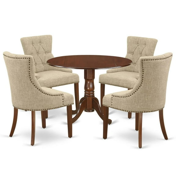 DLFR5-MAH-05 5Pc Dining Set Includes a Round Dinette Table with Drop Leaves and Four Parson Chairs with Doeskin Fabric, Mahogany Finish
