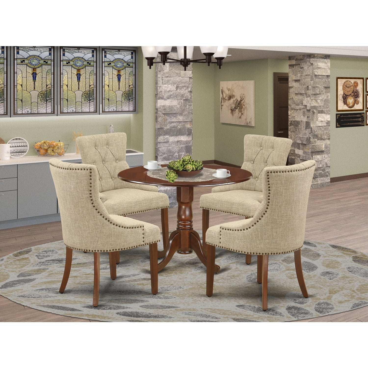 Set Da Pranzo East West Furniture Dublin – Tavolo Rotondo In Legno (106 Cm) + 4 Sedie Schienale Incrociato, Marrone