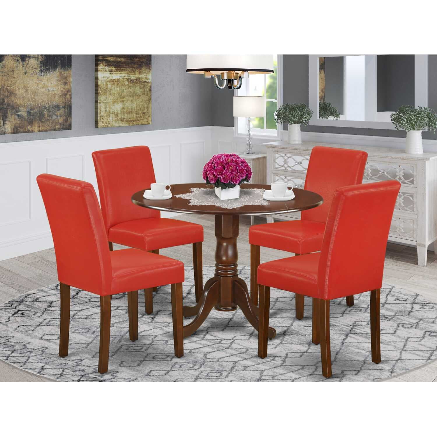 Mahogany & Firebrick Red 5-Piece Round Dining Set with PU Leather Chairs