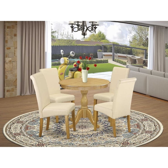 East West Furniture DMBA5-OAK-02 5 Piece Kitchen Table Set - Oak Round Dining Table and 4 Light Beige Linen Fabric Upholstered Dining Chairs with High Back - Oak Finish