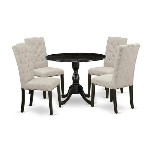 East West Furniture DMEL5-ABK-35 5 Piece Dining Table Set Consists of 1 Drop Leaves Modern Kitchen Table and 4 Doeskin Linen Fabric Dinning Chairs with High Back - Wire Brushed Black Finish