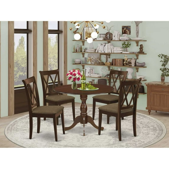 East West Furniture DMCL5-MAH-C 5 Piece Dinette Set Includes 1 Drop Leaves Dining Table and 4 Mahogany Linen Fabric Kitchen Chairs with Double X-Back - Mahogany Finish