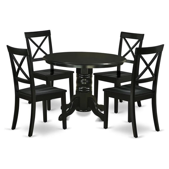 DLBO5-BLK-W 5Pc Rounded 42" Table With Two 9-Inch Drop Leaves And Four Wood Seat Dining Chairs