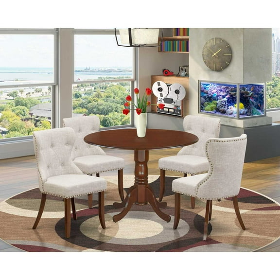 East West Furniture East-West Furniture DLSI5-MAH-35 - A dining room table set of 4 amazing kitchen chairs using Linen Fabric Doeskin color and an attractive two 9" drop leaf round wooden table in...
