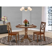 East West Furniture DLBO3-MAH-W 3Pc Round 42 Inch Dinner Table With Two 9-Inch Drop Leaves And Two Wood Seat Kitchen Chairs