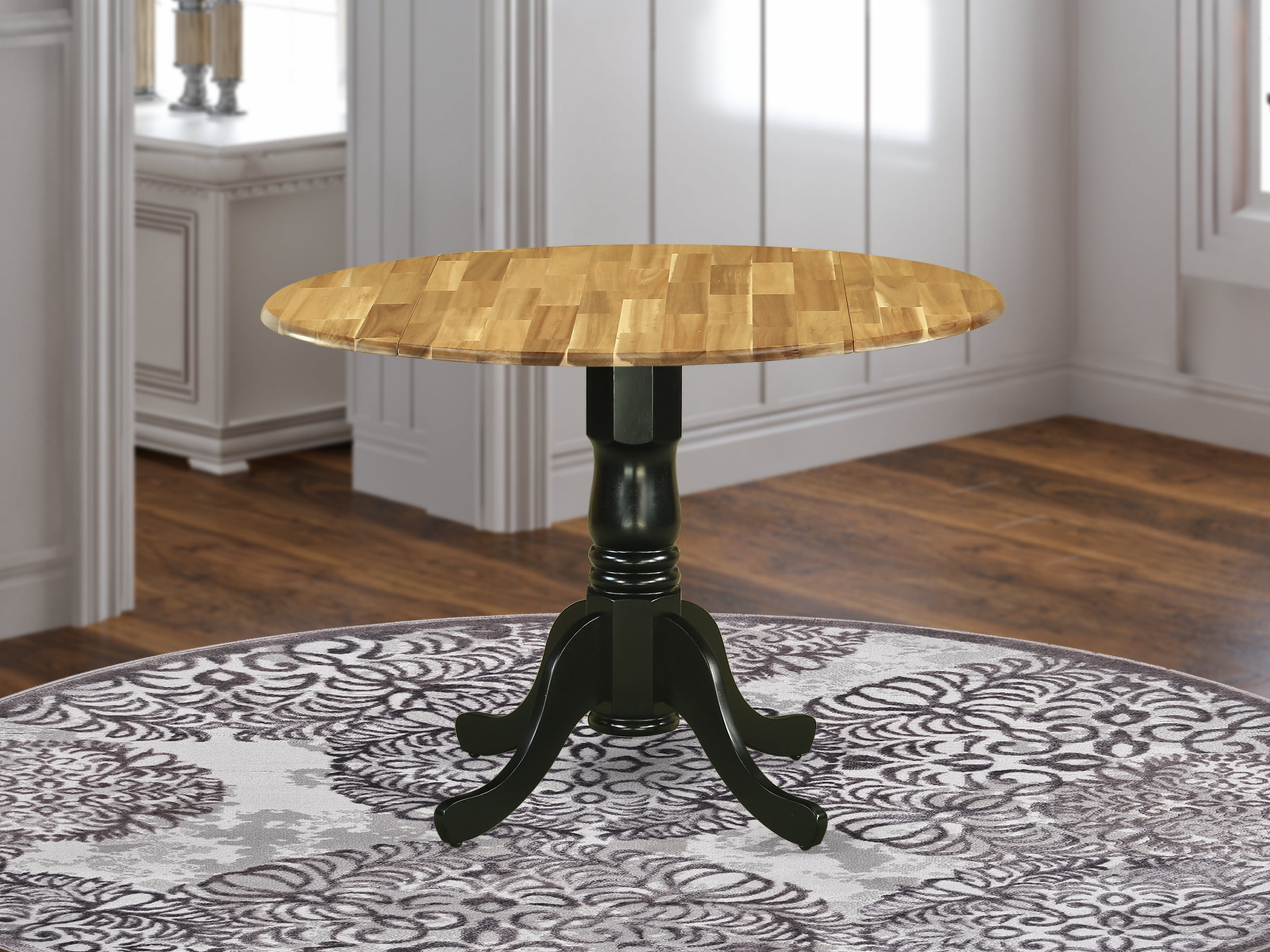 Acacia Wood Round Extendable Dining Table with Black Pedestal Base