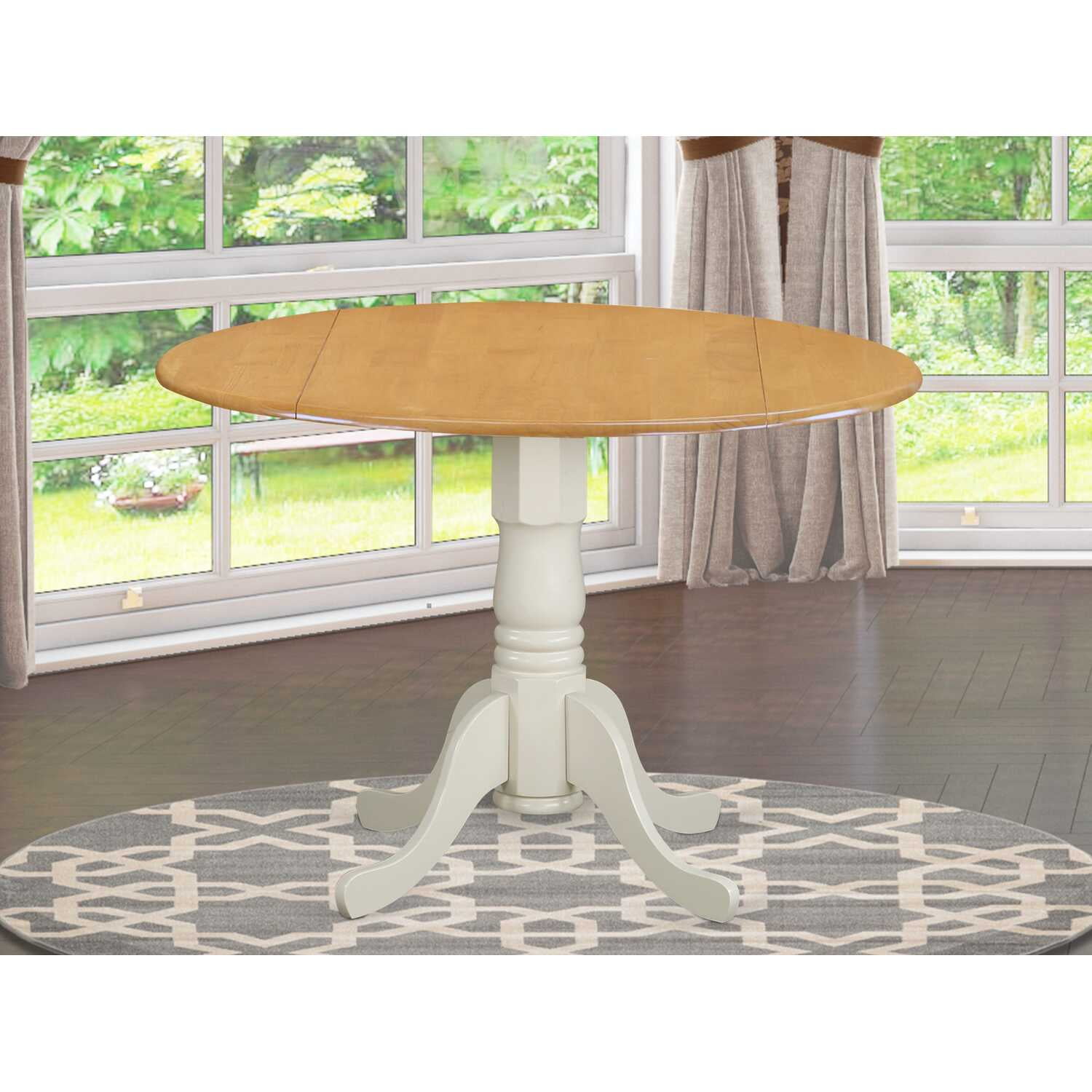 Oak and Linen White Round Extendable Wood Dining Table