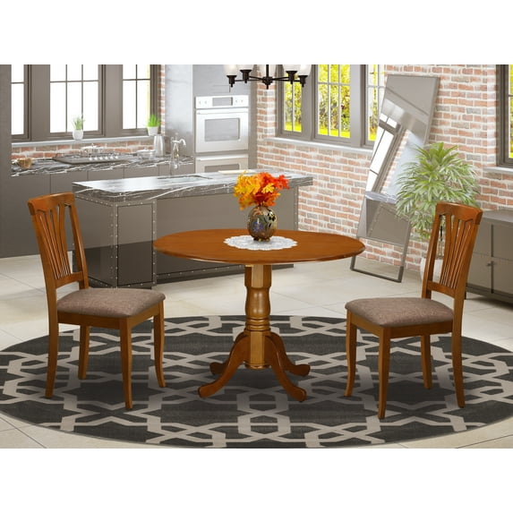 East West Furniture Dublin Wood Dining Set with Fabric Seat in Saddle Brown