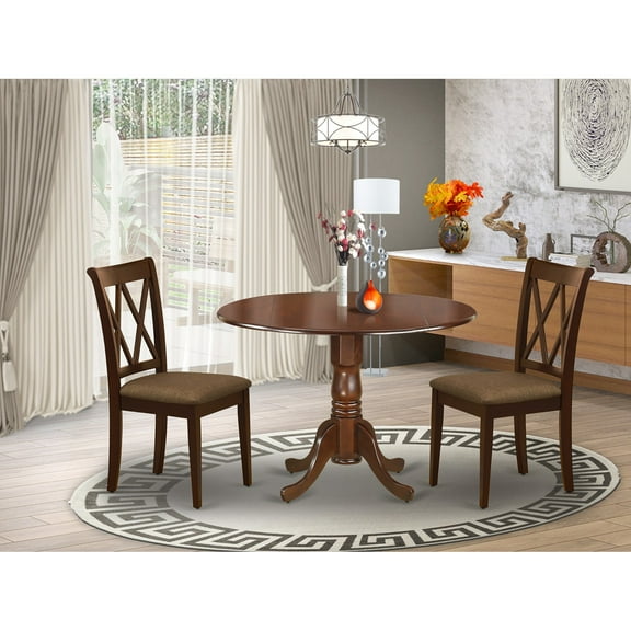 DLCL3-MAH-C 3Pc Dinette Set Includes a Rounded Kitchen Table with Drop Leaves and Two Double X Back Linen Seat Dining Chairs, Mahogany Finish