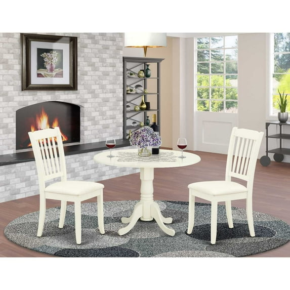 DLDA3-WHI-C 3Pc Dinette Set Includes a Rounded Kitchen Table with Drop Leaves and Two Vertical Slatted Microfiber Seat Dining Chairs, White Finish