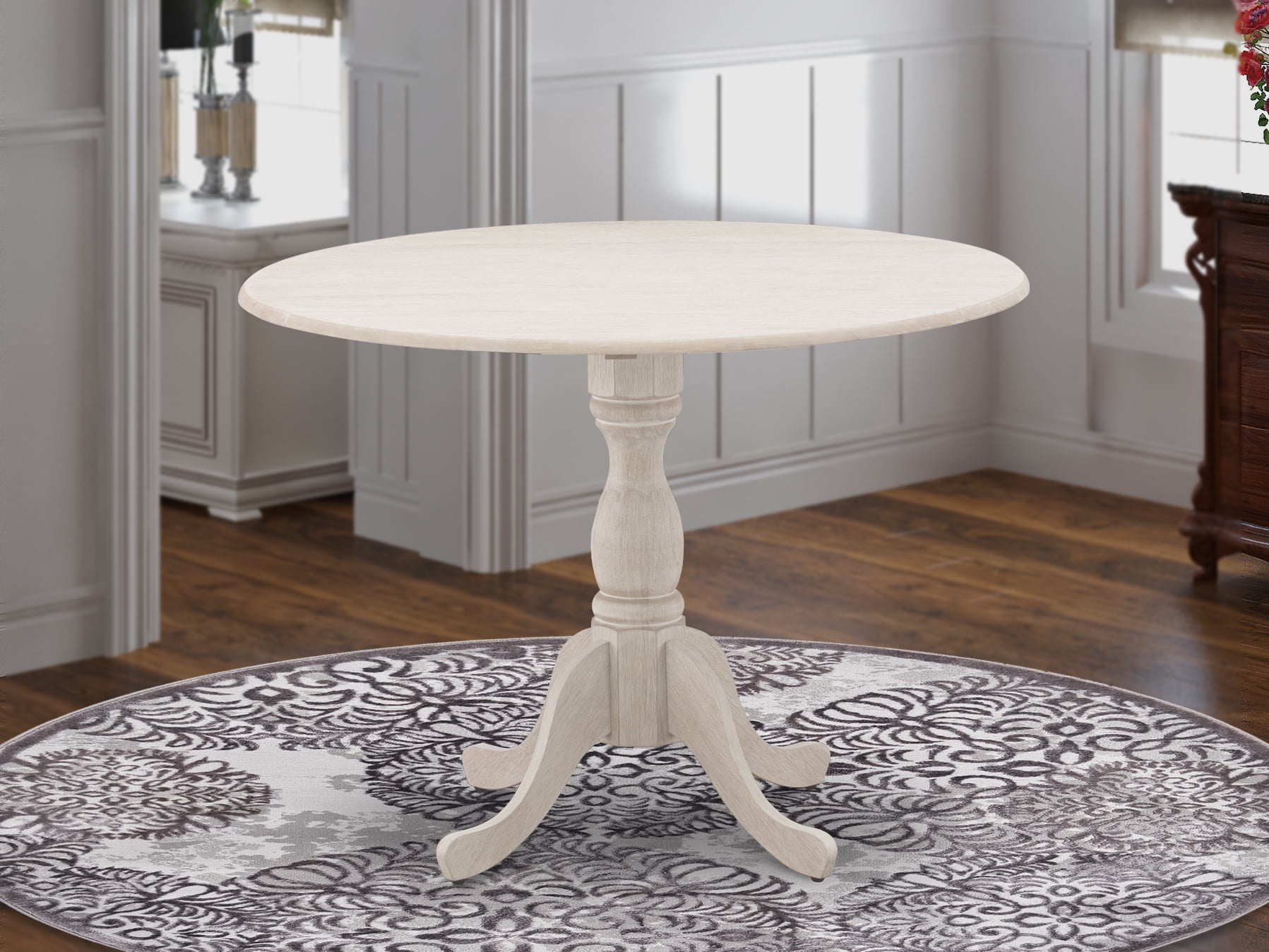 Linen White and Black Round Extendable Wood Dining Table