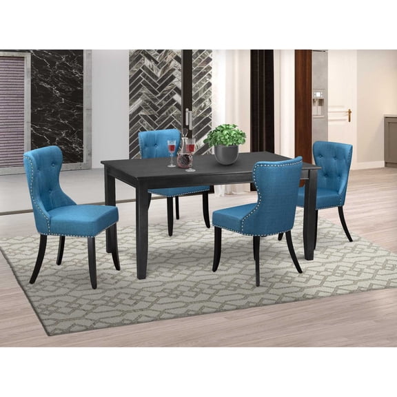 East West Furniture East-West Furniture DUSI5-BLK-21 - A modern dining table set of 4 excellent parson dining chairs with Linen Fabric Mineral Blue color and a gorgeous mid-century dining table...