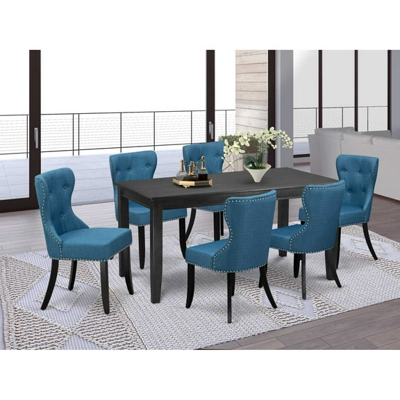East West Furniture East-West Furniture DUSI7-BLK-21 - A dining table set of 6 fantastic kitchen dining chairs using Linen Fabric Mineral Blue color and a wonderful wooden dining table with Black...
