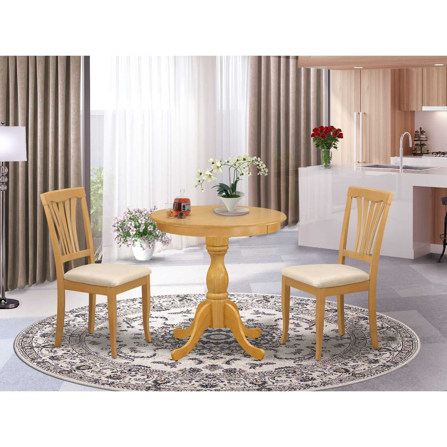 Oak Finish 3-Piece Round Dining Set with Linen Seats
