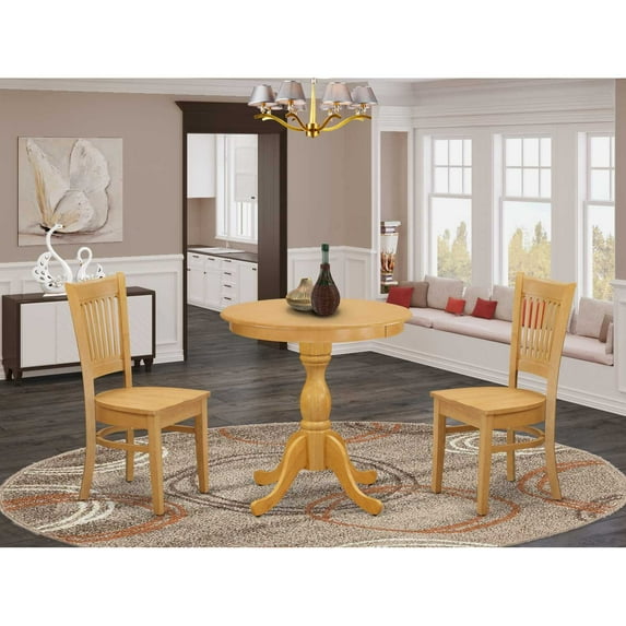 East West Furniture - ESVA3-OAK-W - 3-Pc Dining Room Table Set - 2 Wooden Dining Room Chairs and 1 Dining Room Table (Oak Finish)