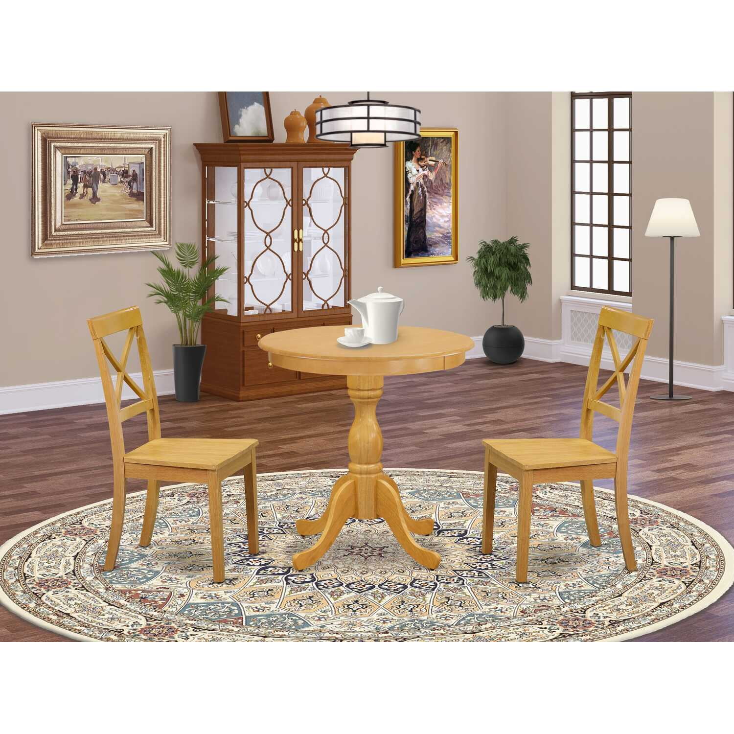 Oak Finish 3-Piece Round Dining Table Set with Wooden Chairs