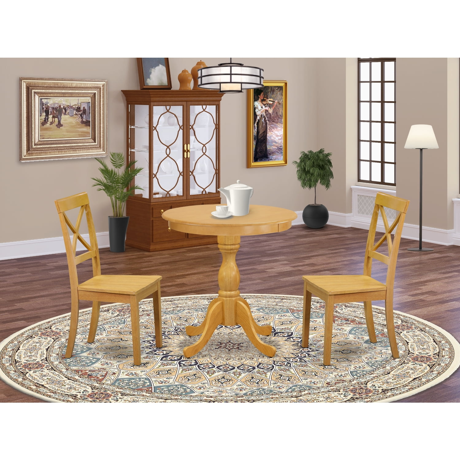 Oak Finish 3-Piece Round Dining Table Set with Wooden Chairs