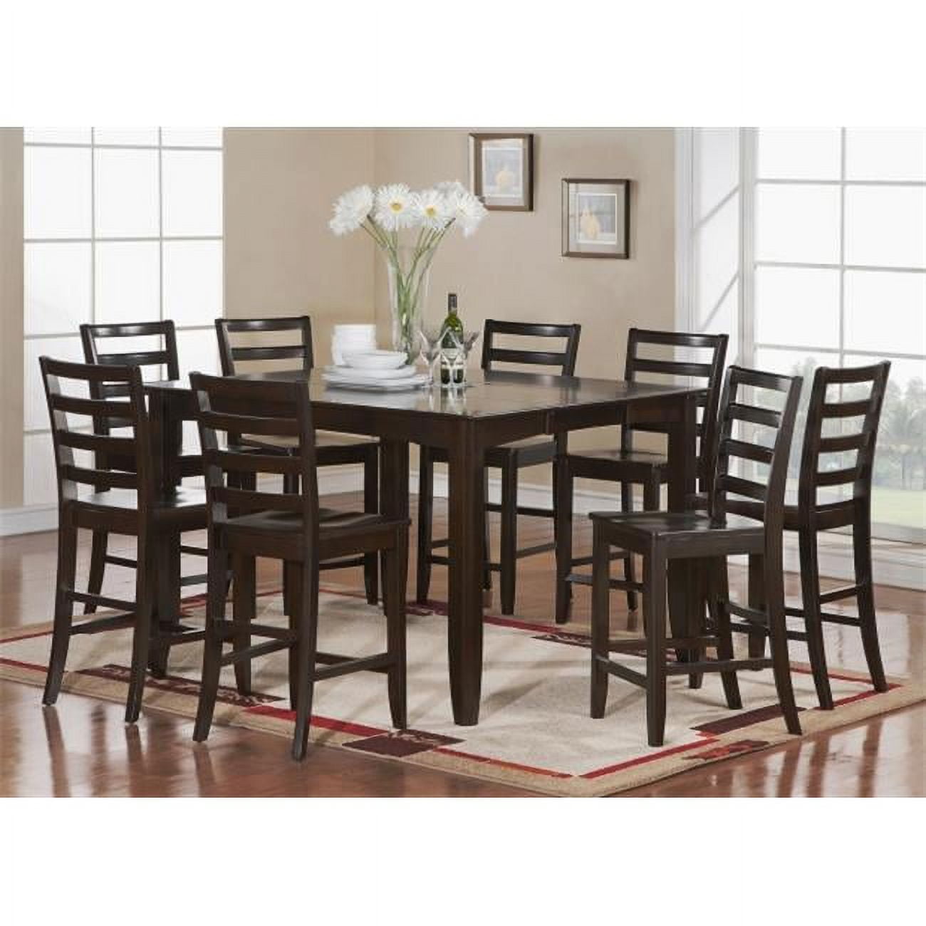 Farmhouse Flair 9-Piece Espresso Square Counter Height Dining Set with Ladder Back Chairs