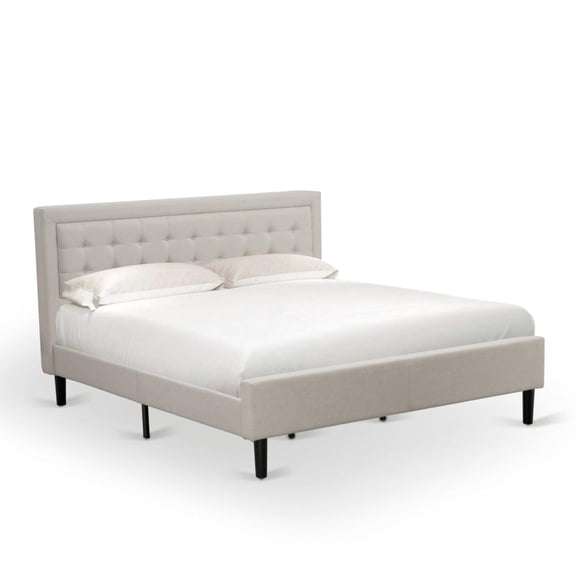 East West Furniture Fannin Wood and Linen Fabric King Size Bed in Mist Beige