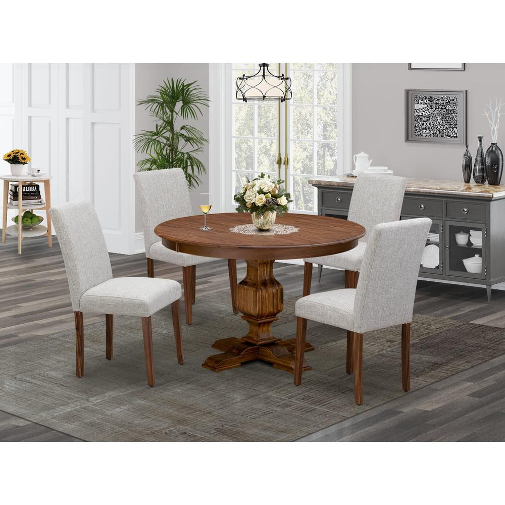 Antique Walnut Pedestal Dining Set with Doeskin Chairs