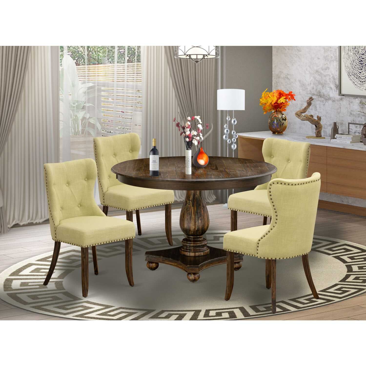 Distressed Jacobean Finish Round Pedestal Dining Table with Beige Linen Chairs