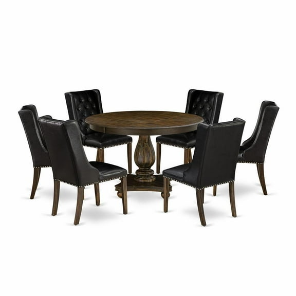 East West Furniture 7 Piece Kitchen Table Set Consists of a Modern Kitchen Table and 6 Black PU Leather Mid Century Chairs with Button Tufted Back - Distressed Jacobean Finish