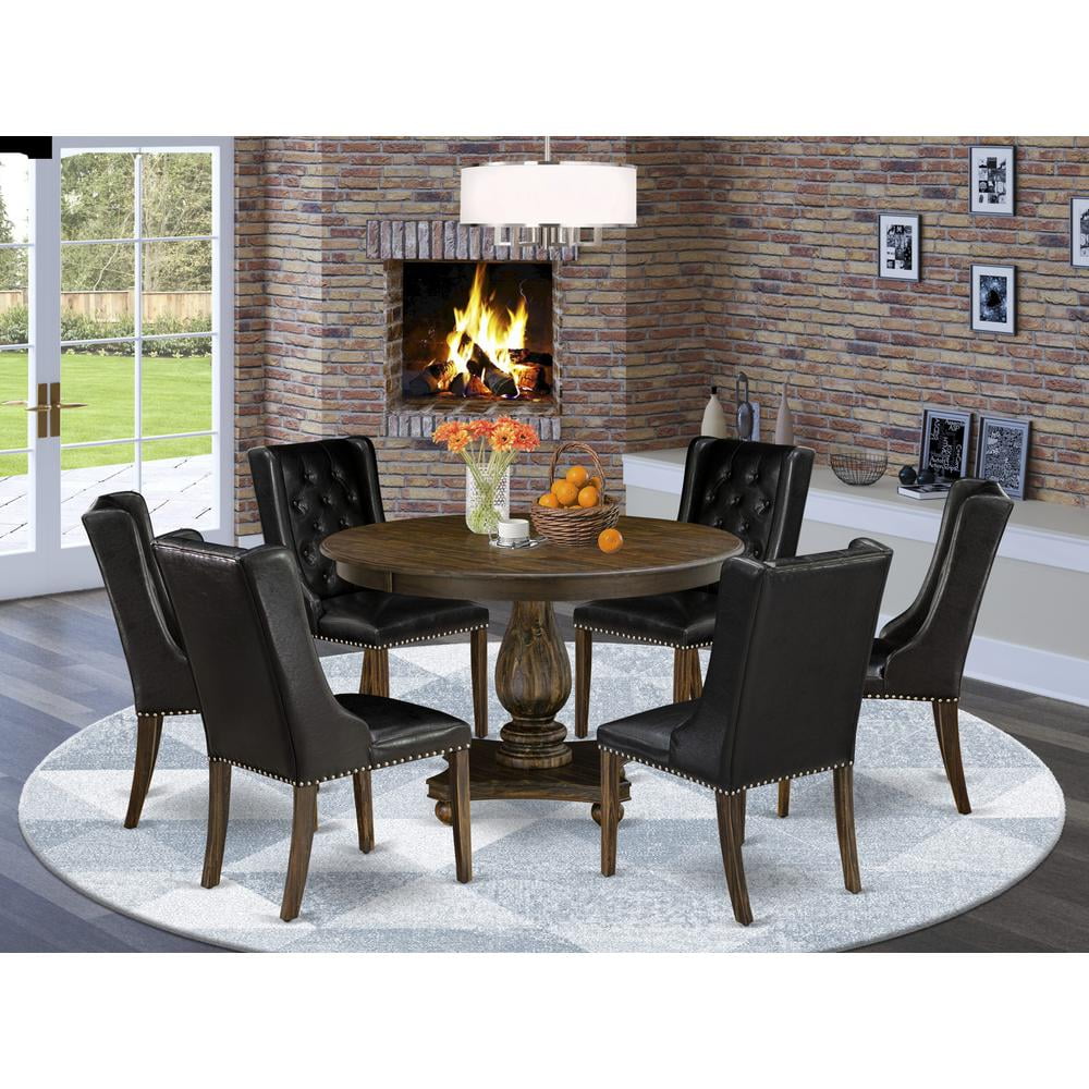 Distressed Jacobean Round Pedestal Dining Set with Black Faux Leather Chairs