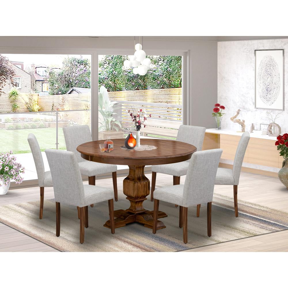 Antique Walnut Pedestal Dining Table with 6 Doeskin Linen Chairs