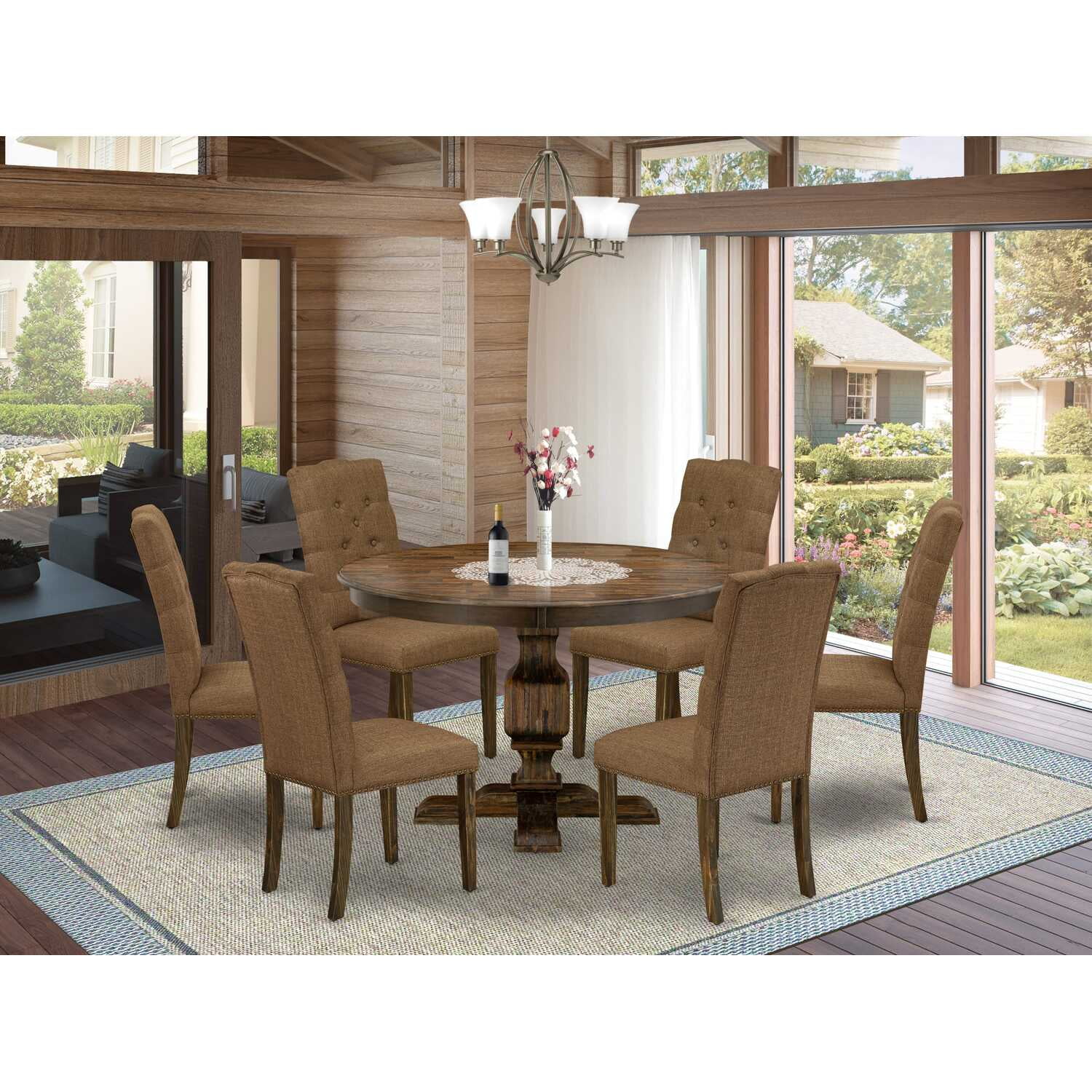 Distressed Jacobean 48" Round Pedestal Dining Set with 6 Brown Linen Chairs