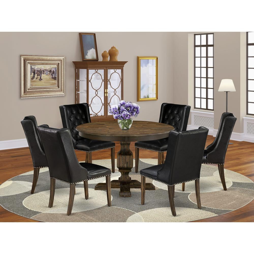 Distressed Jacobean Round Pedestal Dining Set with Black Upholstered Chairs