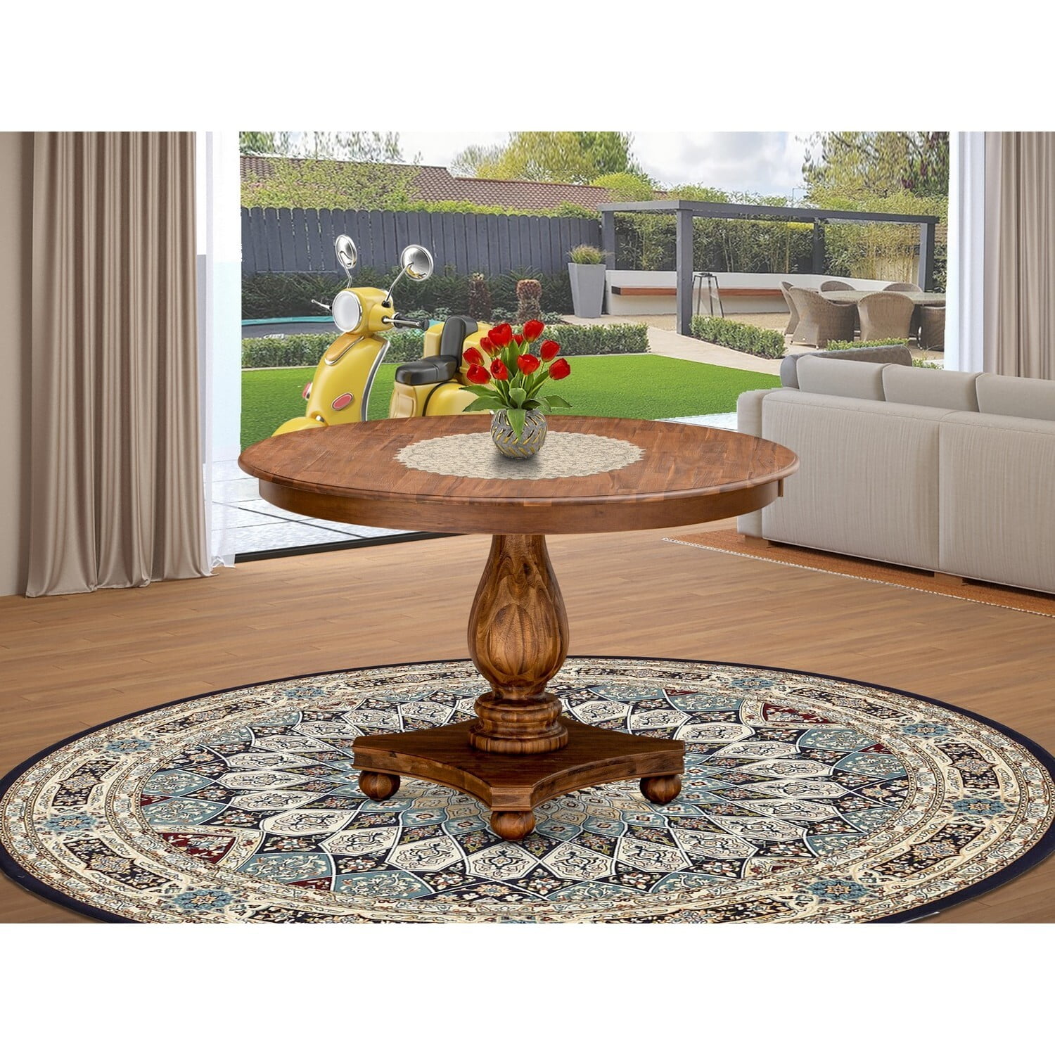 48" Round Sandblasting Antique Walnut Rubberwood Dining Table
