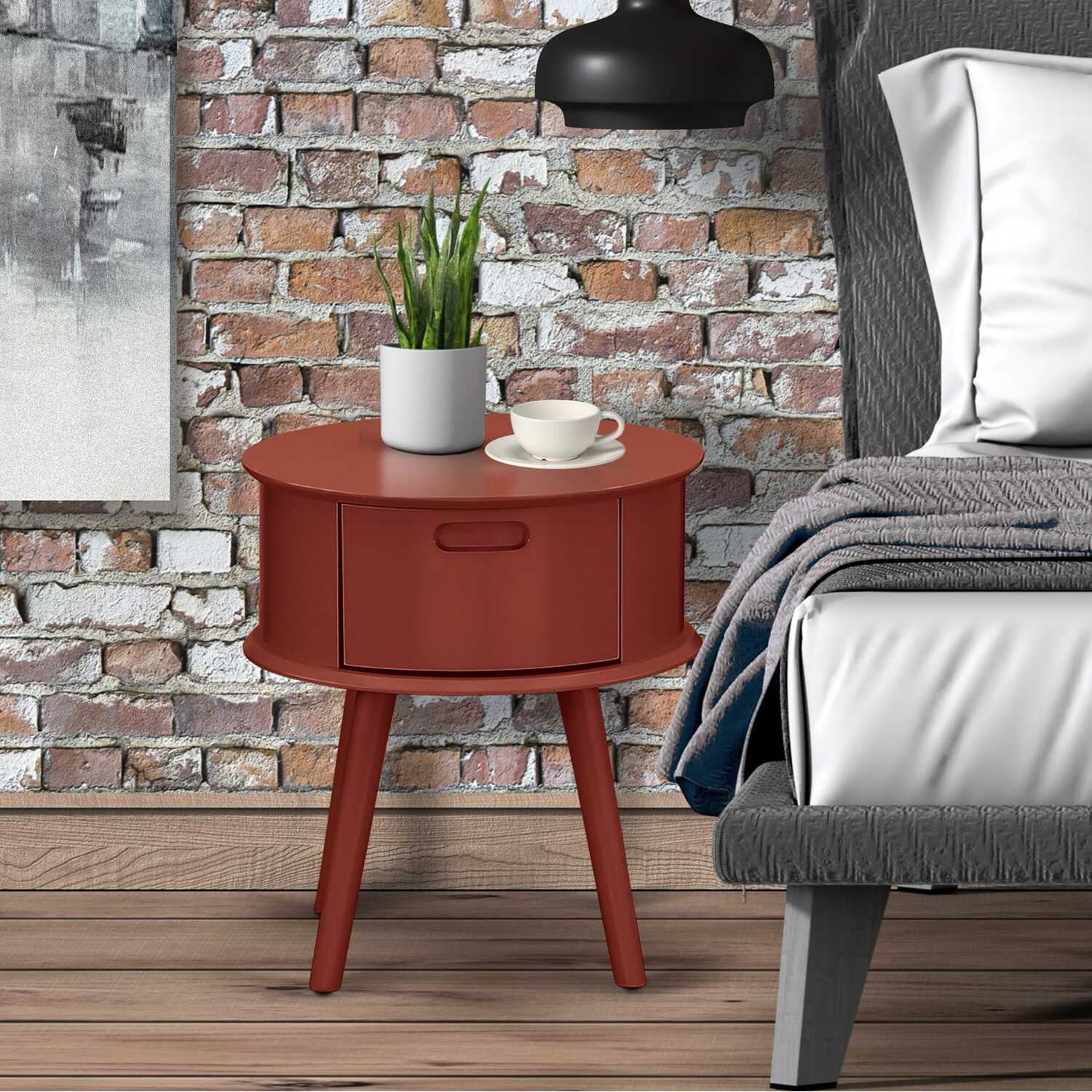 East West Furniture Gordon 19" Round Wood Nightstand with Drawer in ...