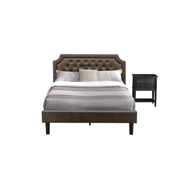 East West Furniture GB25Q-1VL06 2-Piece Bedroom Set with a Platform Bed and 1 Wire brushed Black End Tables - Dark Brown Faux Leather and Black Legs