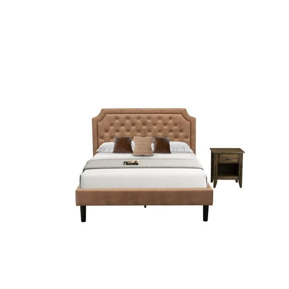 East West Furniture GB28Q-1GA07 2-Pc Granbury Queen Bed Set with Bed and 1 Distressed Jacobean Bedroom Nightstand - Brown Faux Leather and Black Legs