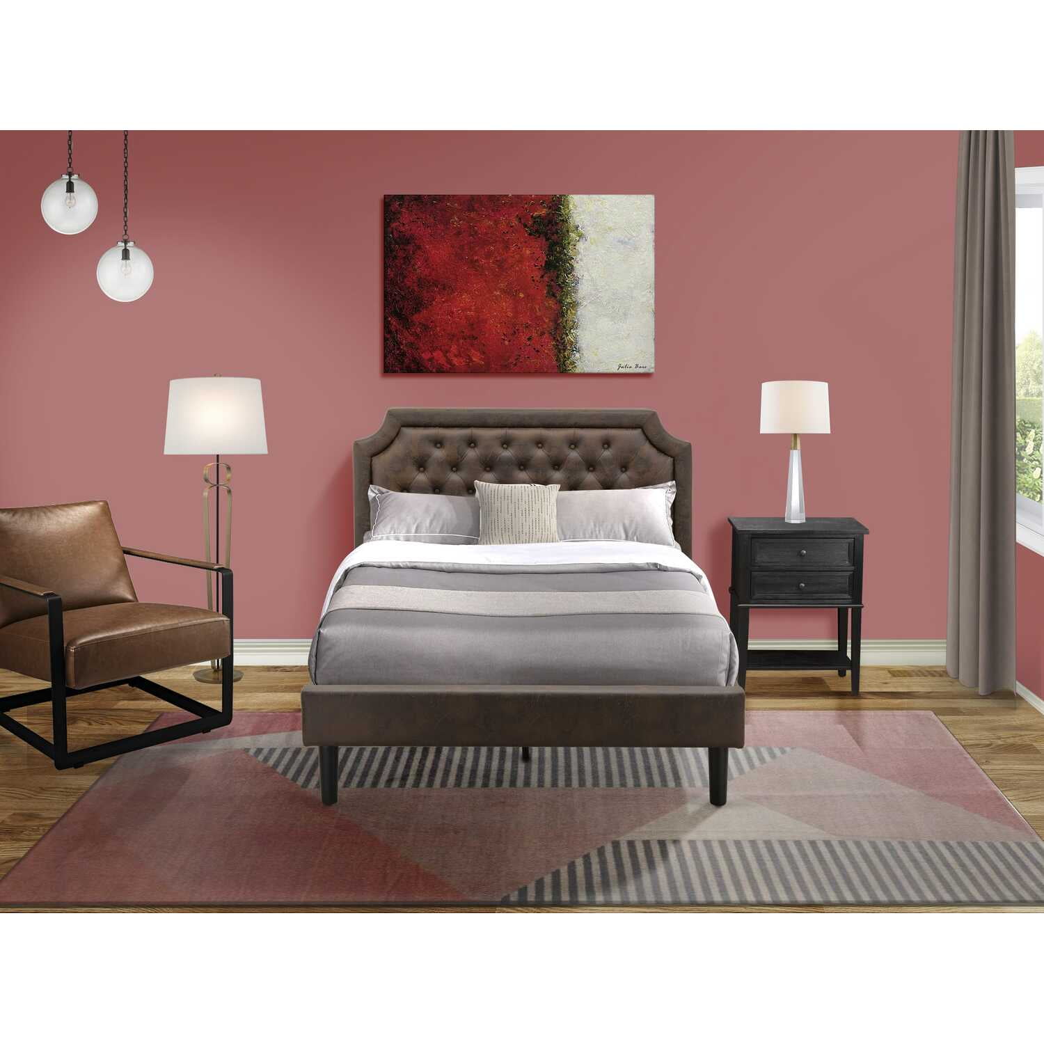 Modern Full/Double Linen Upholstered Bed with Tufted Headboard, Black
