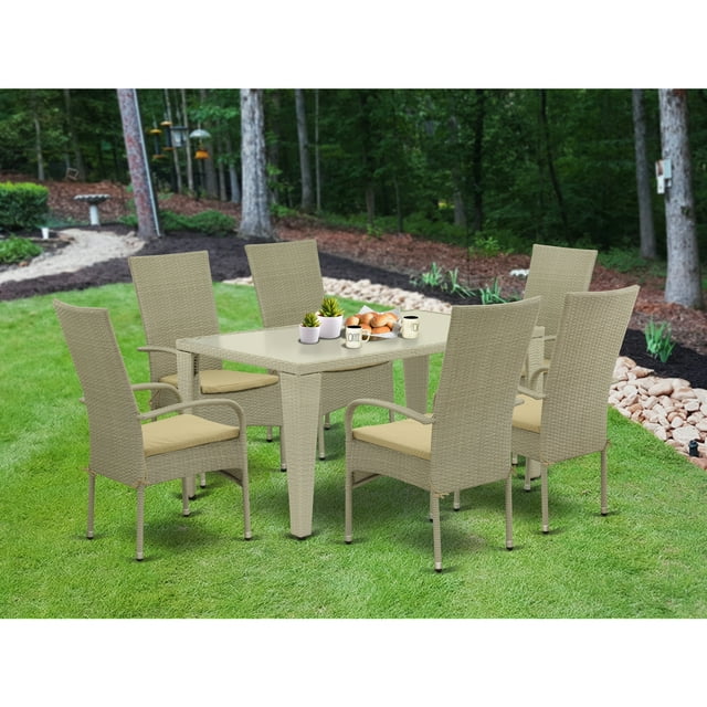 East West Furniture Gudhjem 7-piece Metal Patio Set with Armchairs in Natural