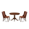thumbnail image 1 of East West Furniture HLFO3-MAH-46 3-Pc Kitchen Table Set Includes 1 Pedestal Dining Table and 2 Brown Linen Fabric Upholstered Dining Chairs with Button Tufted Back - Mahogany Finish, 1 of 10