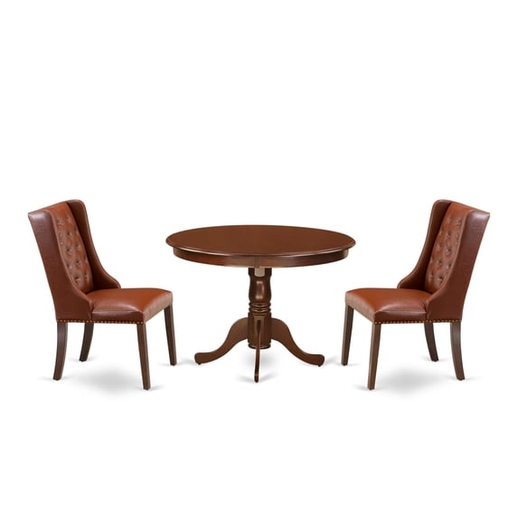 East West Furniture HLFO3-MAH-46 3-Pc Kitchen Table Set Includes 1 Pedestal Dining Table and 2 Brown Linen Fabric Upholstered Dining Chairs with Button Tufted Back - Mahogany Finish